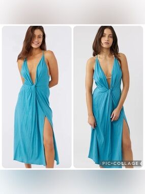 BNWOT O’Neill Teal Plunge Maxi Dress XL 🌊 Swim Cover Up High Slit Resort Vibes